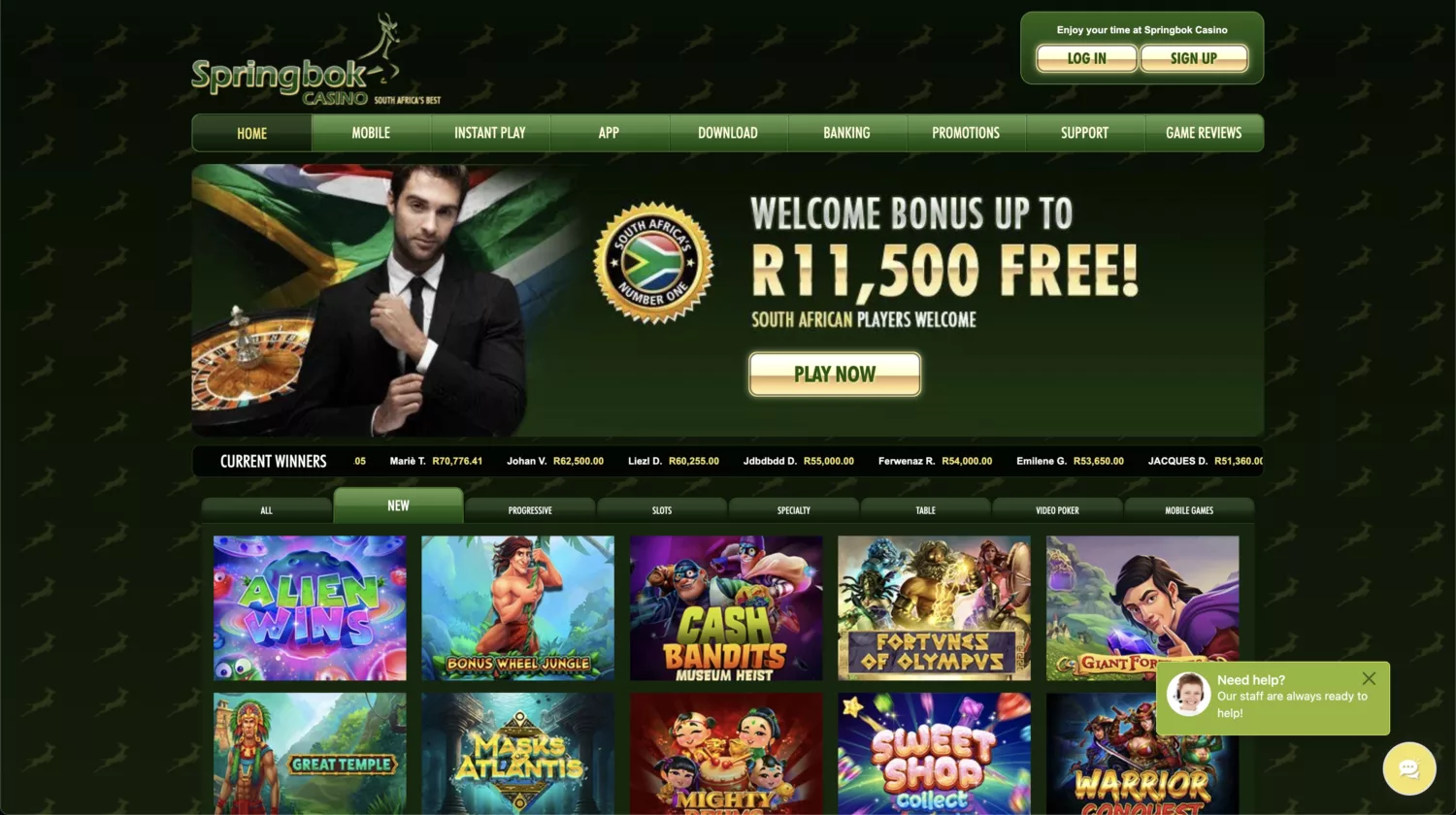 Springbok casino homepage screenshot