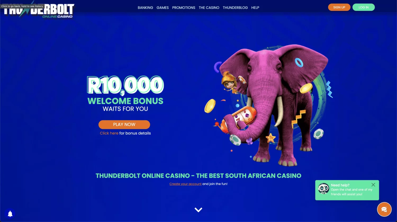 Thunderbolt casino homepage screenshot