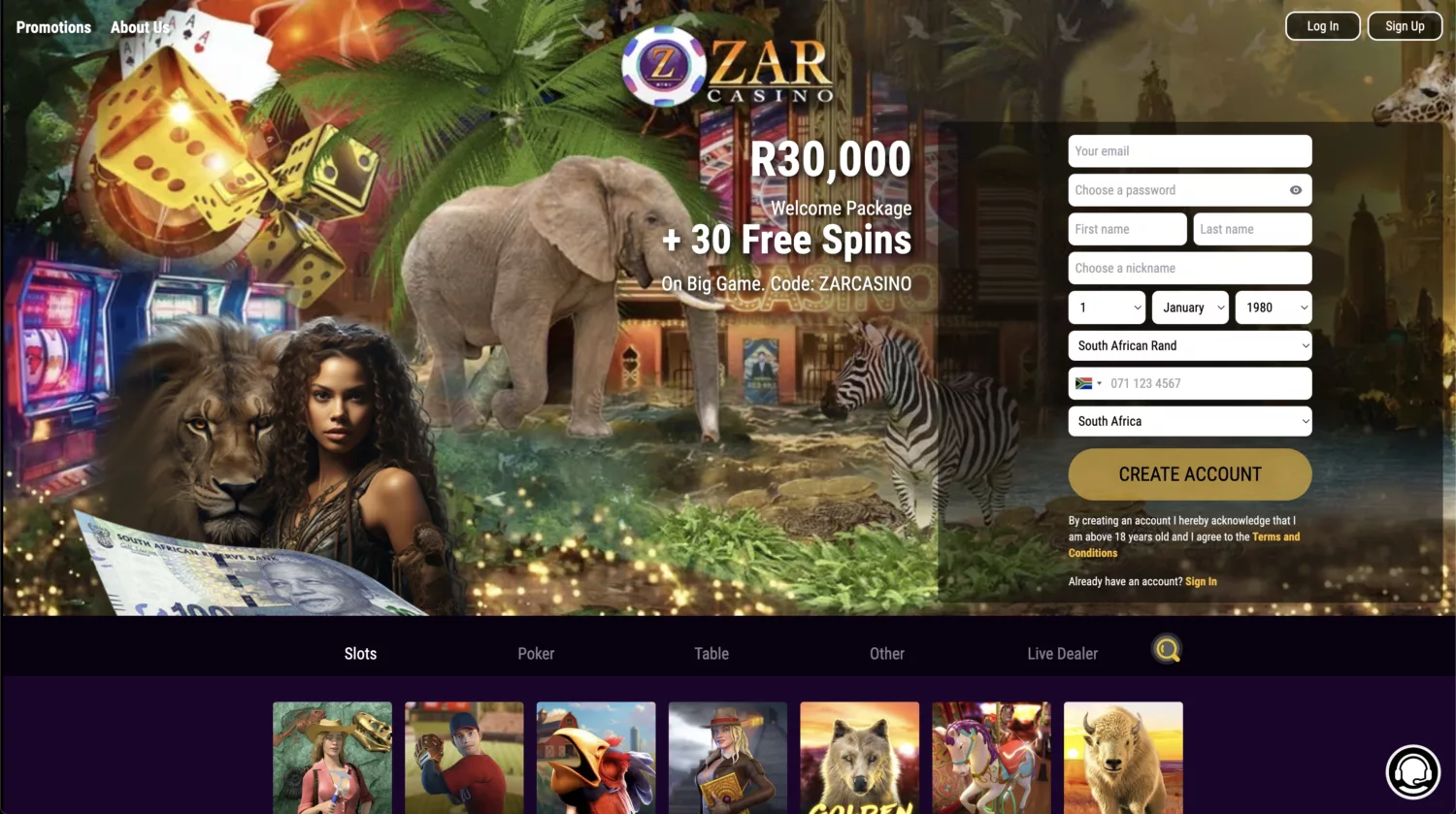 Zar casino homepage screenshot